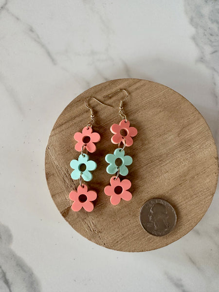 pink and green daisy dangle earrings