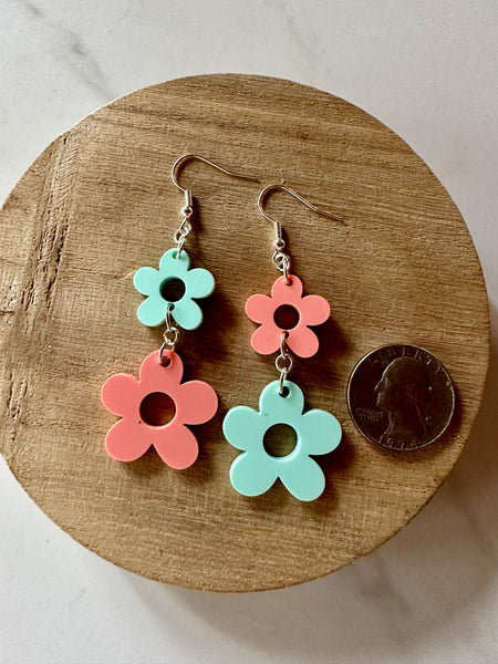 pink and green daisy dangle earrings