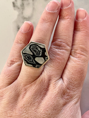 silver mokume gane hexagon adjustable ring