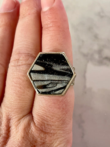 silver mokume gane hexagon adjustable ring