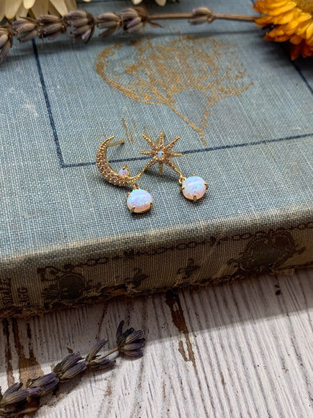 moon and star earrings, opal earrings, dangle earrings, delicate jewelry, gold earrings, gold jewelry, opal, opal star, opal moon, celestial