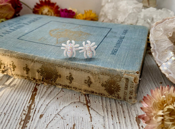 spider earrings, white spider, spider, spider jewelry, stud earring, holiday, summer jewelry, spring, spider earrings, mothers day