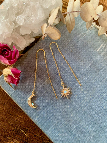 moon and star threader earrings, opal threaders, gold earrings, gift for her, delicate chain earrings, threader earrings, mothers day