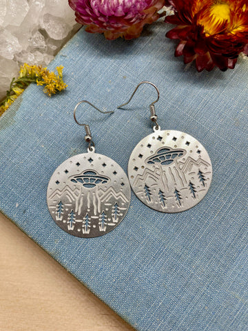 ufo earrings, silver earrings, alien earrings, alien jewelry, extraterrestrial, night sky, gift, gift for her, earrings under 20