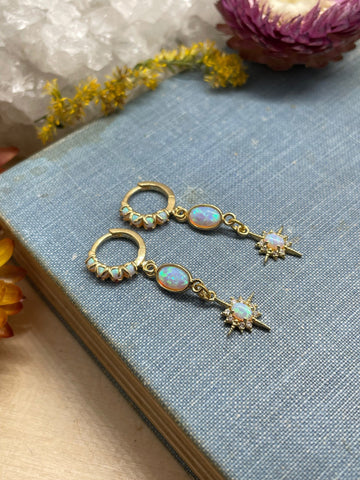 opal huggies, opal star, dangle earrings, gold earrings, gift, gift for her, jewelry, earrings, christmas, opal birthstone, gift for mom