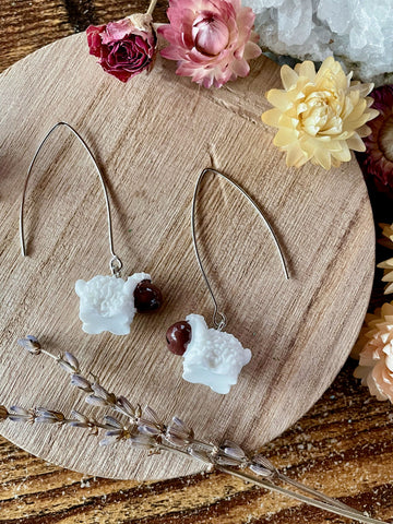 lamb earrings, plastic earrings, sheep jewelry, silver dangles, earrings, jewelry, gift, spring earrings, mother's day, farm animal jewelry