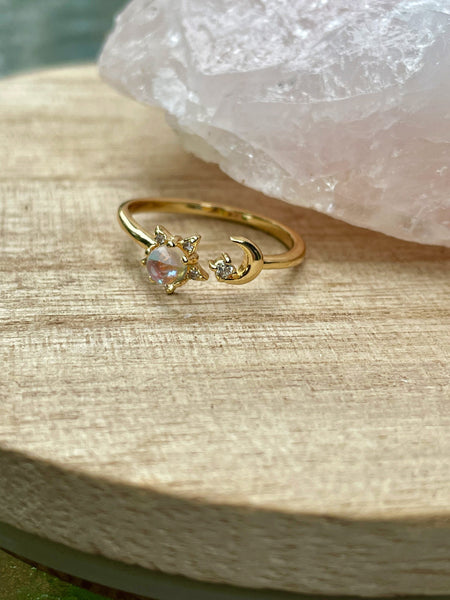 adjustable gold ring, moon and star ring, adjustable ring, gold ring, jewelry, gift, gift for her, summer jewelry, statement ring, moonstone