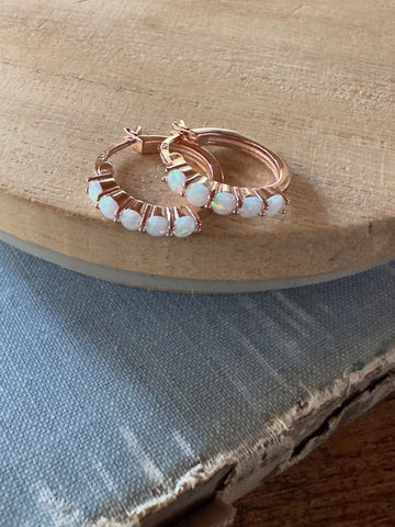 rose gold opal huggies, huggy earrings, rose gold hoop earrings, opal jewelry, opal earrings, opal birthstone, gift, hypoallergenic, rose