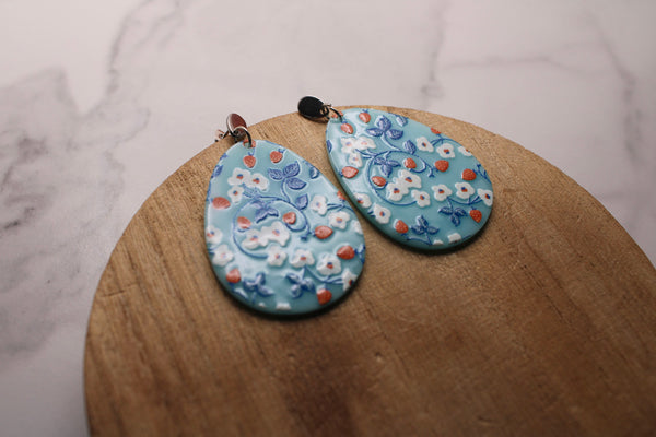 floral acrylic statement earrings, blue flower earrings, large dangle earrings, gift, gift for her, spring jewelry, holiday, strawberry