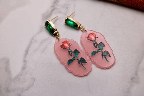 rose acrylic statement earrings, stained glass earrings, emerald glass earrings, gift, gift for her, spring jewelry, holiday, beauty beast