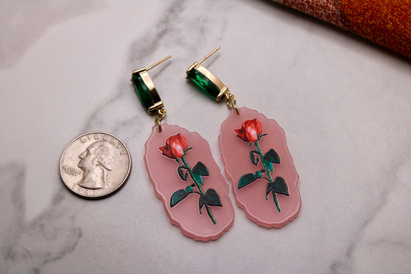 rose acrylic statement earrings, stained glass earrings, emerald glass earrings, gift, gift for her, spring jewelry, holiday, beauty beast
